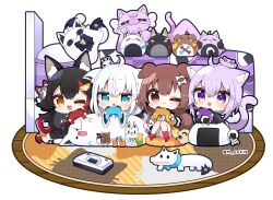 Rule 34 | 4girls, :3, :d, ;d, ahoge, animal ear fluff, animal ears, black hair, black hoodie, black shirt, blue eyes, blush, brown eyes, brown hair, cat ears, cat girl, cat tail, chibi, chibi only, closed mouth, commentary request, controller, couch, dog ears, dog girl, dog tail, fox ears, fox girl, fox tail, game controller, hair between eyes, highres, holding, holding controller, holding game controller, hololive, hood, hoodie, indoors, inugami korone, jacket, listener (inugami korone), long hair, long sleeves, multicolored hair, multiple girls, muuran, nekomata okayu, one eye closed, onigirya (nekomata okayu), ookami mio, open mouth, oruyanke (shirakami fubuki), playing games, purple eyes, purple hair, red socks, red streaks, shirakami fubuki, shirt, short hair, simple background, sitting, smile, socks, streaked hair, sukonbu (shirakami fubuki), tail, twitter username, white background, white hair, wide sleeves, wolf ears, wolf girl, yellow eyes, yellow jacket