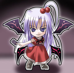 &gt;:) 1girl card chibi chibi_only dress female_focus kukyo long_hair multiple_wings mystic_square purple_eyes purple_hair shinki_(touhou) solo touhou touhou_(pc-98) v-shaped_eyebrows wings