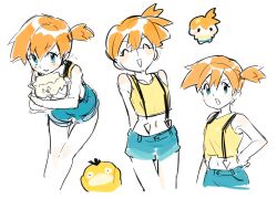 1girl ^_^ arms_behind_back asymmetrical_hair blue_eyes blush breasts closed_eyes creature crop_top denim denim_shorts gen_1_pokemon gen_2_pokemon gym_leader hair_tie hand_on_own_hip highres holding holding_creature holding_pokemon legs looking_at_viewer midriff misty_(pokemon) navel nintendo open_mouth orange_hair pokemon pokemon_(anime) pokemon_(classic_anime) pokemon_(creature) pokemon_rgby ponytail psyduck shirt short_hair short_shorts shorts side_ponytail sleeveless sleeveless_shirt smile solo suspender_shorts suspenders tank_top thigh_gap thighs togepi yellow_shirt