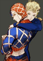 2boys arm_across_chest arm_around_shoulder arrow_(symbol) belt blonde_hair blue_belt blue_eyes blue_jacket bracelet braid brown_background brown_eyes cowboy_shot giorno_giovanna gold_bracelet guido_mista hair_rings hand_on_own_hip hat jacket jewelry jojo_no_kimyou_na_bouken long_sleeves looking_at_viewer looking_back male_focus midriff multiple_boys nineo pants parted_lips patterned_clothing red_hat red_pants simple_background single_bracelet single_braid striped_clothes tank_top vento_aureo wavy_hair