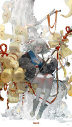 1girl absurdres artist_name bell commentary english_commentary highres holding horns long_hair open_mouth original red_ribbon ribbon seok98 socks solo tree white_hair white_horns white_socks