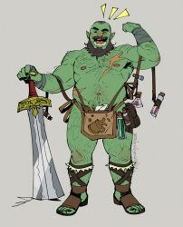Rule 34 | 1boy, arm hair, armpit hair, bald, bara, beard, belly, biceps, chest hair, colored skin, facial hair, flexing, full beard, green skin, hairy, happy aura, highres, large pectorals, leg hair, looking at viewer, male focus, matty (radicallymaxton), mature male, monster boy, muscular, muscular male, mustache, navel hair, nipples, orc, original, pectorals, planted, planted sword, planted weapon, pointy ears, potion, solo, sparse arm hair, sparse chest hair, sparse leg hair, standing, sword, thick beard, thick eyebrows, thick mustache, thick thighs, thighs, topless male, tusks, weapon
