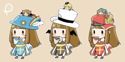 1girl arch_bishop_(ragnarok_online) black_shoes blue_dress blue_hat blunt_bangs brown_background brown_hair bucket_hat character_doll chibi chibi_only commentary_request cross doll_on_head donut dress food food_in_mouth full_body grey_dress hat hat_feather long_hair pochiko_(poteko) ragnarok_online rainbow_hat_ornament red_dress red_hat sash shoes sidelocks sideways_hat simple_background thighhighs top_hat two-tone_dress variations white_dress white_hat white_thighhighs yellow_sash