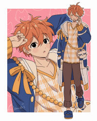 Rule 34 | 1boy, akehoshi subaru, amoironron, animal bag, beads, black eyes, blue footwear, blue jacket, border, brown pants, cat bag, closed eyes, ensemble stars!, hand on own head, highres, jacket, multiple views, official alternate costume, orange ribbon, orange shirt, pants, parted lips, pink background, plaid clothes, plaid shirt, ribbon, shirt, tears, watermark, white border, wiping tears