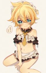 1boy :t bare_shoulders between_legs bikini black_bikini black_collar black_sleeves blonde_hair blue_eyes blush collar crossdressing detached_collar detached_sleeves embarrassed eyes_visible_through_hair feet_out_of_frame frilled_bikini frilled_sleeves frills hair_between_eyes hand_between_legs high_ponytail highres kagamine_len looking_at_viewer maid_headdress mattari_haruto messy_hair midriff navel necktie ponytail short_hair short_ponytail sitting speech_bubble swimsuit thighs translated vocaloid wariza white_bikini yellow_necktie