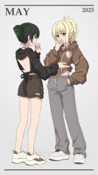 2025 2girls absurdres alternate_costume alternate_hairstyle backless_outfit black_hair blonde_hair breasts brown_hoodie brown_shoes brown_shorts cigarette collarbone commentary_request covering_own_mouth full_body gradient_hair green_eyes green_hair grey_pants hair_bun hand_in_pocket hand_over_own_mouth highres holding holding_cigarette hood hoodie laofuzi_dai_bansho lone_nape_hair love_live! love_live!_nijigasaki_high_school_idol_club may median_furrow miyashita_ai multicolored_hair multiple_girls no_bra open_mouth orange_eyes pants ponytail profile shoes short_shorts shorts sideboob sideboob_cutout sidelocks single_hair_bun smoking standing takasaki_yu white_shoes