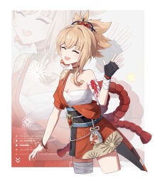 1girl 606_haochuangshangren :d ^_^ arm_tattoo bandaged_leg bandages black_sash blonde_hair chest_sarashi choker closed_eyes cropped_legs genshin_impact grey_background hadanugi_dousa hand_up highres japanese_clothes kimono obi open_kimono open_mouth ponytail sarashi sash short_kimono single_bare_shoulder smile standing tattoo yoimiya_(genshin_impact) zoom_layer