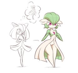 1girl arrow_(symbol) blush breast_hold breasts full_body gardevoir gen_3_pokemon green_hair hand_to_own_mouth hand_up hands_up highres kirlia large_breasts looking_down looking_up multiple_views nintendo pink_eyes pokemon pokemon_(creature) pokemon_rse sad short_hair simple_background small_breasts smile standing white_background wide_hips zedrin