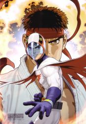 2boys brown_eyes brown_hair capcom cape gatchaman gloves headband helmet highres ken_the_eagle male_focus mori_toshiaki multiple_boys official_art ryu_(street_fighter) short_hair street_fighter tatsunoko_vs_capcom