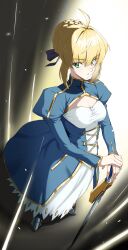 1girl absurdres ahoge armored_boots artoria_pendragon_(fate) blonde_hair blue_bow blue_dress boots bow braid braided_bun breasts bun_with_braided_base caliburn_(fate) cleavage_cutout clothing_cutout dress fate/stay_night fate_(series) full_body green_eyes hair_between_eyes hair_bow hair_bun hair_ribbon hands_on_hilt highres hitempo holding holding_sword holding_weapon long_sleeves looking_at_viewer ponytail ponytail_with_braided_base ribbon saber_(fate) short_hair sidelocks smile solo standing sword weapon