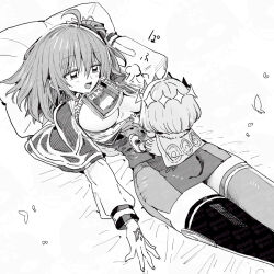 1girl ahoge boobs_in_book_(meme) breasts bug butterfly command_spell crown fate/grand_order fate_(series) fujimaru_ritsuka_(female) greyscale insect kabe43 light_blush long_sleeves looking_at_another lying medium_breasts meme monochrome oberon_(fate) on_back pillow short_hair sitting sitting_on_person striped_clothes striped_thighhighs thighhighs unbuttoned zettai_ryouiki