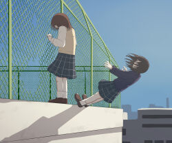 Rule 34 | 2girls, absurdres, against fence, avogado6, bandaid, bandaid on face, bandaid on knee, bandaid on leg, betrayal, blue sky, broken, broken fence, brown hair, chain-link fence, clear sky, despair, falling, fence, full body, hair ornament, hairclip, highres, holding, imminent suicide, long sleeves, looking at another, multiple girls, on rooftop, original, outdoors, plaid clothes, plaid skirt, pleated skirt, rooftop, school uniform, skirt, sky, suicide, suicide pact, surprised, sweatdrop, sweater vest, wide-eyed
