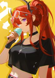 1girl absurdres arknights black_choker black_gloves black_horns breasts choker commentary crop_top crop_top_overhang cropped_shirt demon_girl demon_horns dzyyeee eyewear_on_head fingerless_gloves food gloves hair_between_eyes hair_intakes highres holding holding_food holding_ice_cream horns ice_cream large_breasts long_hair looking_at_viewer midriff navel official_alternate_costume official_alternate_hairstyle ponytail purple_eyes red_hair round_eyewear short_sleeves solo surtr_(arknights) surtr_(liberte_echec)_(arknights)