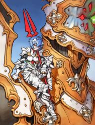 1girl alternate_costume armor armored_boots armored_gloves ayanami_rei blue_background blue_hair boots breasts closed_mouth full_body hair_between_eyes headgear highres holding holding_polearm holding_weapon looking_at_viewer mecha medium_breasts neon_genesis_evangelion nrcgray pauldrons polearm red_eyes robot short_hair shoulder_armor sitting solo thigh_armor weapon white_armor
