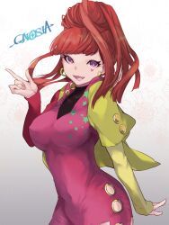 1girl absurdres blunt_bangs earrings gnosia heart heart_earrings heart_tattoo high_ponytail highres jewelry long_hair long_sleeves looking_at_viewer lugh nail_polish ponytail red_eyes red_hair simple_background smile solo sq_(gnosia) tattoo turtleneck upper_body v