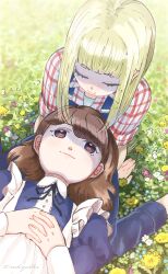 Rule 34 | 2girls, apron, blonde hair, blue dress, blue flower, blue overalls, blunt bangs, bob cut, bokujou monogatari, bokujou monogatari: mineral town no nakama tachi, bokujou monogatari: saikai no mineral town, brown eyes, brown hair, closed eyes, closed mouth, daffodil, dress, field, flower, flower field, frilled suspenders, from above, hands on own chest, highres, juliet sleeves, lap pillow, long hair, long sleeves, looking at another, maid, maid apron, multiple girls, neck ribbon, overalls, parted bangs, pink flower, plaid clothes, plaid shirt, puffy sleeves, red shirt, ribbon, rounded collar, shadow, shirt, short sleeves, sidelocks, sitting, smile, swept bangs, twitter username, user ptvp4444, wariza, white apron, white flower, white shirt, yellow flower, yuri