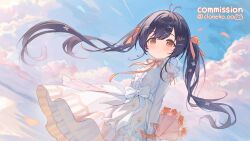 1girl black_hair bouquet bow breasts cloneko_(zelmeledf2) closed_mouth cloud commentary_request commission dress flower hair_ornament hairclip heart heart_hair_ornament highres holding holding_bouquet indie_virtual_youtuber long_hair looking_at_viewer parallel_hairclips red_eyes shirt signature skeb_commission sky small_breasts smile solo takoko_(vtuber) twintails very_long_hair virtual_youtuber white_bow white_dress white_shirt x_hair_ornament