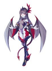 1girl absurdres aikawa_haruno bare_shoulders black_hair blue_skin blush boots breasts colored_skin corruption dark_persona demon_girl demon_horns demon_tail demon_wings detached_sleeves diver_(765610768) earrings full_body grey_skin hair_ornament high_heel_boots high_heels highres horns jewelry kouyoku_senki_exs-tia_concert leotard long_hair looking_at_viewer low_wings monster_girl open_mouth pointy_ears red_eyes red_nails simple_background slit_pupils small_breasts smile solo tail thigh_boots thighhighs transparent_background wings