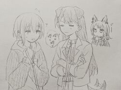 animal_ear_piercing bang_dream! bang_dream!_it&#039;s_mygo!!!!! blush chinese_commentary closed_eyes closed_mouth collar commentary_request finger_in_own_mouth graphite_(medium) highres holding holding_leash hood hood_down hoodie jacket kemonomimi_mode leash long_hair medium_hair melodyguru mole mole_under_eye open_mouth shiina_taki short_hair tail tail_wagging takamatsu_tomori traditional_media translated yahata_umiri