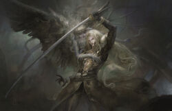 1boy 1girl abs arm_up armor belt black_coat black_gloves black_pants chest_strap christian_angel closed_mouth coat commentary feathered_wings feet_out_of_frame final_fantasy final_fantasy_vii final_fantasy_vii_remake gloves green_eyes grey_hair highres holding holding_sword holding_weapon jenova long_hair masamune_(ff7) pants parted_bangs sephiroth shoulder_armor single_wing sword weapon wings