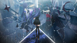 Rule 34 | 3girls, acheron (honkai: star rail), bare shoulders, benghuai xueyuan, black dress, black gloves, black shirt, black shorts, black skirt, black thighhighs, breasts, broken glass, crop top, crossover, dress, glass, gloves, hair ribbon, high heels, highres, holding, holding sword, holding weapon, honkai: star rail, honkai (series), honkai impact 3rd, horns, long hair, multiple girls, polka dot, polka dot ribbon, purple eyes, purple hair, purple ribbon, raiden mei, raiden mei (herrscher of thunder), red horns, ribbon, sawashiro miyuki, school uniform, sculp2, shirt, short shorts, shorts, skirt, sword, thighhighs, thighs, very long hair, voice actor connection, weapon, zettai ryouiki