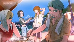 3boys 3girls aki_(neyuki41028) amate_yuzuriha artist_name beard bikini black_hair blonde_hair brown_hair challia_bull char_aznable closed_eyes commentary_request comoli_harcourt day facial_hair green_eyes green_hair gundam gundam_gquuuuuux hair_ornament holding holding_swim_ring innertube jpeg_artifacts long_hair looking_at_viewer mole mole_under_eye mole_under_mouth multiple_boys multiple_girls mustache nyaan_(gundam_gquuuuuux) ocean open_mouth red_hair shirt short_hair smile sunglasses swim_ring swimsuit tank_top towel twitter_username water watermark xavier_olivette yellow_eyes