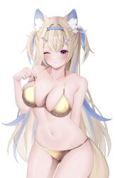 1girl absurdres alternate_costume animal_ear_fluff animal_ears bandaid bandaid_hair_ornament bare_arms bare_shoulders bikini blonde_hair blue_hair blue_hairband breast_lift breasts cleavage collarbone commentary crossed_bangs dog_ears dog_girl dog_tail double-parted_bangs fingernails fuwawa_abyssgard gold_bikini golden_week hair_between_eyes hair_ornament hairband hairpin highres hololive hololive_english horn_hairband large_breasts lips long_hair looking_at_viewer multicolored_hair navel one_eye_closed pink_eyes simple_background solo strap_pull streaked_hair sui1k0 swimsuit tail two_side_up virtual_youtuber white_background