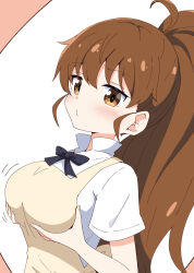 1girl absurdres aikawa_ryou apron black_bow blush bow breast_lift breasts brown_apron brown_background brown_eyes brown_hair closed_mouth collared_shirt commentary_request employee_uniform hair_between_eyes highres large_breasts long_hair o3o ponytail shirt short_sleeves solo taneshima_popura two-tone_background upper_body very_long_hair white_background white_shirt working!!