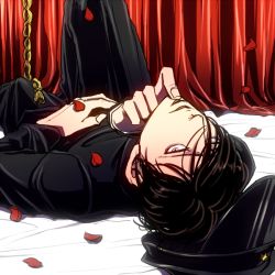 Rule 34 | 1boy, black hair, finger to mouth, gakuran, grey eyes, hair over one eye, hat, kaneda (litchi hikari club), knee up, litchi hikari club, looking at viewer, lying, male focus, petals, school uniform, solo, u (lastcrime)