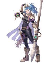 1girl adjusting_goggles blue_hair bodysuit braid crown_braid drone essual_(layer_world) fire_emblem fire_emblem_heroes goggles goggles_on_head highres looking_at_viewer nintendo non-web_source official_alternate_costume official_art polearm ponytail reginn_(fire_emblem) smile solo tachi-e weapon