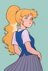 anne_hopkins blonde_hair dress green_eyes looking_back onegai!_samia_don ponytail school_uniform vest