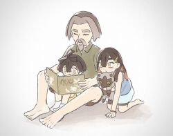 1girl 2boys aged_down barefoot black_hair blush book brother_and_sister carmine_(pokemon) closed_eyes collared_shirt crossed_bangs gen_3_pokemon grey_hair hair_ornament hairclip holding holding_book holding_stuffed_toy kieran_(pokemon) kneeling long_hair mole mole_under_eye mtitp54 multiple_boys nintendo pokemon pokemon_sv poochyena reading red_hair shirt shorts siblings simple_background sitting socks stuffed_toy white_socks yellow_eyes yukito_(pokemon)