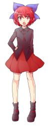 1girl alphes_(style) black_shirt black_shoes blue_ribbon bow collared_shirt commentary_request dairi full_body hair_bow hair_ribbon hand_on_own_hip highres large_variant_set long_sleeves looking_at_viewer no_cape open_mouth parody red_eyes red_hair red_skirt ribbon sekibanki shirt shoes short_hair skirt solo style_parody tachi-e touhou transparent_background variant_set