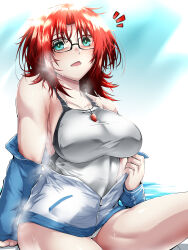 boudica_(fate) breasts chestnut_mouth fate/grand_order fate_(series) glasses green_eyes hair_down highres large_breasts looking_at_viewer messy_hair one-piece_swimsuit partially_unzipped red_hair steaming_body swimsuit tgxx3300 thighs whistle whistle_around_neck