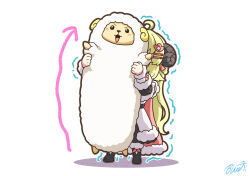 1girl animal_ears arrow_(symbol) black_boots blonde_hair boots buru-dai cape carrying commentary_request dress fur-trimmed_cape fur-trimmed_dress fur_trim hololive horns korean_commentary longcat_(meme) meme mixed-language_commentary pink_cape sheep_ears sheep_girl sheep_horns trembling tsunomaki_watame virtual_youtuber watamate