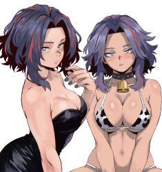 Rule 34 | 1girl, alternate costume, animal print, bare shoulders, bell, bikini, black collar, black dress, black nails, blue eyes, blue hair, boku no hero academia, breasts, bright pupils, cleavage, closed mouth, collar, collarbone, commentary, cow print, cow print bikini, cowbell, dress, english commentary, enji masterpie, hand up, highres, lady nagant, large breasts, looking at viewer, medium hair, multicolored hair, multiple views, navel, neck bell, parted bangs, parted lips, pink hair, print bikini, purple eyes, purple hair, simple background, sitting, stomach, strapless, strapless dress, streaked hair, swimsuit, two-tone hair, white background, white pupils