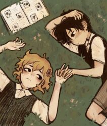 Rule 34 | 2boys, alternate eye color, basil (faraway) (omori), basil (omori), black eyes, black hair, blonde hair, book, brown shorts, closed mouth, collared shirt, flower, green sweater vest, hair flower, hair ornament, highres, holding hands, looking at another, lying, male focus, multiple boys, omori, on back, on side, open book, ottie pops, scrapbook, shirt, short hair, short sleeves, shorts, socks, sunny (omori), sweater vest, white shirt, white socks