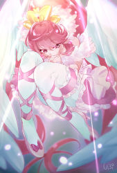 1girl absurdly_long_hair aino_megumi angel_wings cure_lovely earrings feathered_wings fetal_position floating_hair frilled_thigh_strap hair_between_eyes happinesscharge_precure! high_heels highres jewelry layered_skirt leg_ribbon long_hair miniskirt pantyhose pink_hair pink_ribbon pink_shoes pink_skirt precure pumps red_eyes ribbon shipu_(gassyumaron) shoes skirt solo super_happiness_lovely thigh_strap very_long_hair white_pantyhose white_wings wings