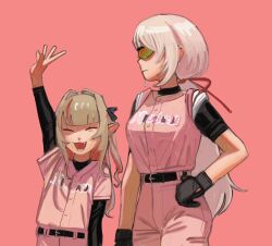 2girls :3 arm_up baseball_uniform belt black_belt black_gloves black_undershirt breasts brown_hair closed_eyes closed_mouth colored_inner_hair cowboy_shot facing_viewer fang flat_chest frown gloves hair_ribbon hand_on_own_hip height_difference highres large_breasts layered_sleeves long_hair long_pointy_ears long_sleeves looking_to_the_side low_ponytail m000oomin makaino_ririmu multicolored_hair multiple_girls nijisanji open_mouth pink_background pink_hair pink_shirt pointy_ears ponytail red_ribbon ribbon shiina_yuika shirt short_over_long_sleeves short_sleeves simple_background sleeves_rolled_up smile sports_sunglasses sportswear sunglasses two_side_up virtual_youtuber
