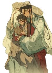 Rule 34 | 2boys, absurdres, aged down, anger vein, bamboo slips, bandaged chest, bandaged neck, bandages, black eyes, black hair, black hanfu, chinese clothes, chinese commentary, closed mouth, dao gui yi xian, hair between eyes, hair bun, hand fan, hand on headwear, hand up, hanfu, hat, highres, holding, holding fan, holding scroll, hug, hug from behind, invisible chair, li huowang, long hair, long sleeves, looking at object, looking down, male focus, messy hair, multiple boys, open clothes, open mouth, open robe, partially undressed, reading, red robe, robe, scroll, sidelocks, simple background, single hair bun, sitting, sitting on lap, sitting on person, straw hat, veil, veil lift, very long hair, weimao, white background, white hanfu, wide sleeves, yaoi, yuexuaier, zhuge yuan