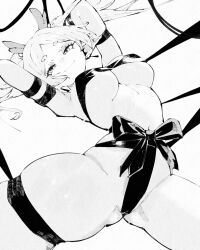 1girl alternate_breast_size alternate_costume antlers arms_up bdsm bondage bound bound_legs bound_wrists bow breasts cameltoe christmas_present covered_erect_nipples earrings elf fake_antlers frieren gift gift_wrapping gluteal_fold highres horns jewelry large_breasts long_hair looking_at_viewer miregeist monochrome parted_bangs pointy_ears reindeer_antlers solo sousou_no_frieren spread_legs twintails white_background white_hair wrapped_up