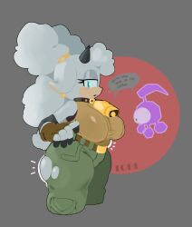 1girl animal_ears artist_name bell blue_eyes breasts cargo_pants cowbell fat fingerless_gloves floppy_ears fluffy furry furry_female gloves horns lanolin_the_sheep large_breasts magenta_wisp_(sonic) pants sega sheep sheep_ears sheep_horns simple_background sonic_(series) tank_top theonehornedimp torn_clothes torn_pants white_fur wisp_(sonic)