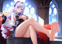 1girl absurdres ahoge black_dress black_shoes blush breast_curtains breasts couch dress feet foot_focus highres holding_shoe indoors large_breasts long_hair looking_at_viewer mole mole_under_eye on_couch pantyhose pointy_ears purple_hair radoremo red_eyes shoes shrug_(clothing) sitting smile soles solo toes unworn_shoes very_long_hair vivian_banshee white_shrug zenless_zone_zero