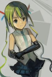 1girl absurdres aqua_eyes aqua_hair aqua_necktie black_gloves black_pantyhose collar elbow_gloves gloves hatsune_miku hatsune_miku_(patchwork) highres kornod looking_at_viewer miniskirt necktie pantyhose skirt sleeveless solo voiceroid