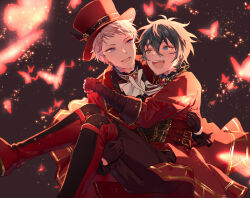 Rule 34 | 2boys, black gloves, black hair, black pants, blue eyes, blush, bug, butterfly, carrying, ensemble stars!, gloves, hair between eyes, hat, heterochromia, insect, itsuki shu, jacket, kagehira mika, long sleeves, male focus, multiple boys, open mouth, pants, pink hair, princess carry, red brooch, red butterfly, red hat, red jacket, short bangs, short hair, yellow eyes, yutsumoe