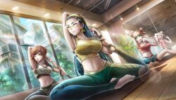 3girls :o aqua_eyes barefoot blonde_hair blue_hair brown_eyes brown_hair crop_top double_bun glasses green_eyes grey_shirt hair_bun hairband highres iroha_tsuki jujo_miu midriff multicolored_hair multiple_girls navel non-web_source official_art ooi_minami open_mouth pants pigeon_pose pink_shirt shirt smile streaked_hair sweat tribe_nine wide-eyed yellow_hairband yellow_shirt yoga yoga_mat yoga_pants