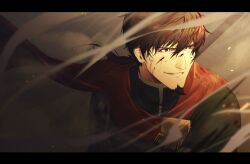 1boy absurdres brown_hair cape commentary_request dust facial_hair fate/grand_order fate_(series) goatee green_tunic grin hair_between_eyes hector_(fate) highres letterboxed looking_ahead male_focus mature_male mizuna237 outdoors ponytail red_cape red_eyes smile solo tunic