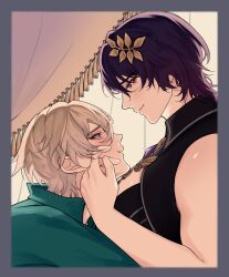 2boys aventurine_(honkai:_star_rail) black_shirt blonde_hair blue_hair border clothing_cutout collared_shirt curtains dr._ratio_(honkai:_star_rail) eye_contact green_shirt grey_border hand_on_another&#039;s_face highres honkai:_star_rail honkai_(series) laurel_crown looking_at_another male_focus multicolored_eyes multiple_boys popped_collar profile rimeaari shiny_skin shirt short_hair single_bare_shoulder smile tassel upper_body wing_collar yaoi
