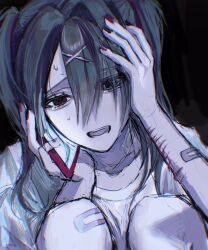 Rule 34 | 1girl, ame-chan (needy girl overdose), bandaid, bandaid on arm, bandaid on knee, bandaid on leg, black eyes, black hair, curled up, distress, hair between eyes, hair ornament, hand on own head, highres, holding, holding phone, jacket, jacket partially removed, knees up, multicolored nails, multiple scars, needy girl overdose, open mouth, pao (i loxe u), phone, scar, scar on arm, shirt, short twintails, sidelocks, solo, sweat, talking on phone, twintails, white shirt, wrist cutting, x hair ornament