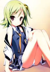 1girl absurdres arm_support ass baldr_sky bare_legs bare_shoulders female_focus flat_chest green_hair hair_bobbles hair_ornament highres jacket kikuchi_seiji legs legs_up necktie off_shoulder panties pantyshot purple_eyes scan school_uniform shirt short_hair side_ponytail sitting skirt sleeveless sleeveless_shirt smile solo underwear undressing white_panties